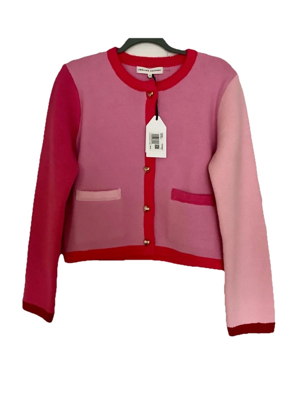 English Factory Pink Colorblock Heart-Button Cardigan - Light & Dark Pink